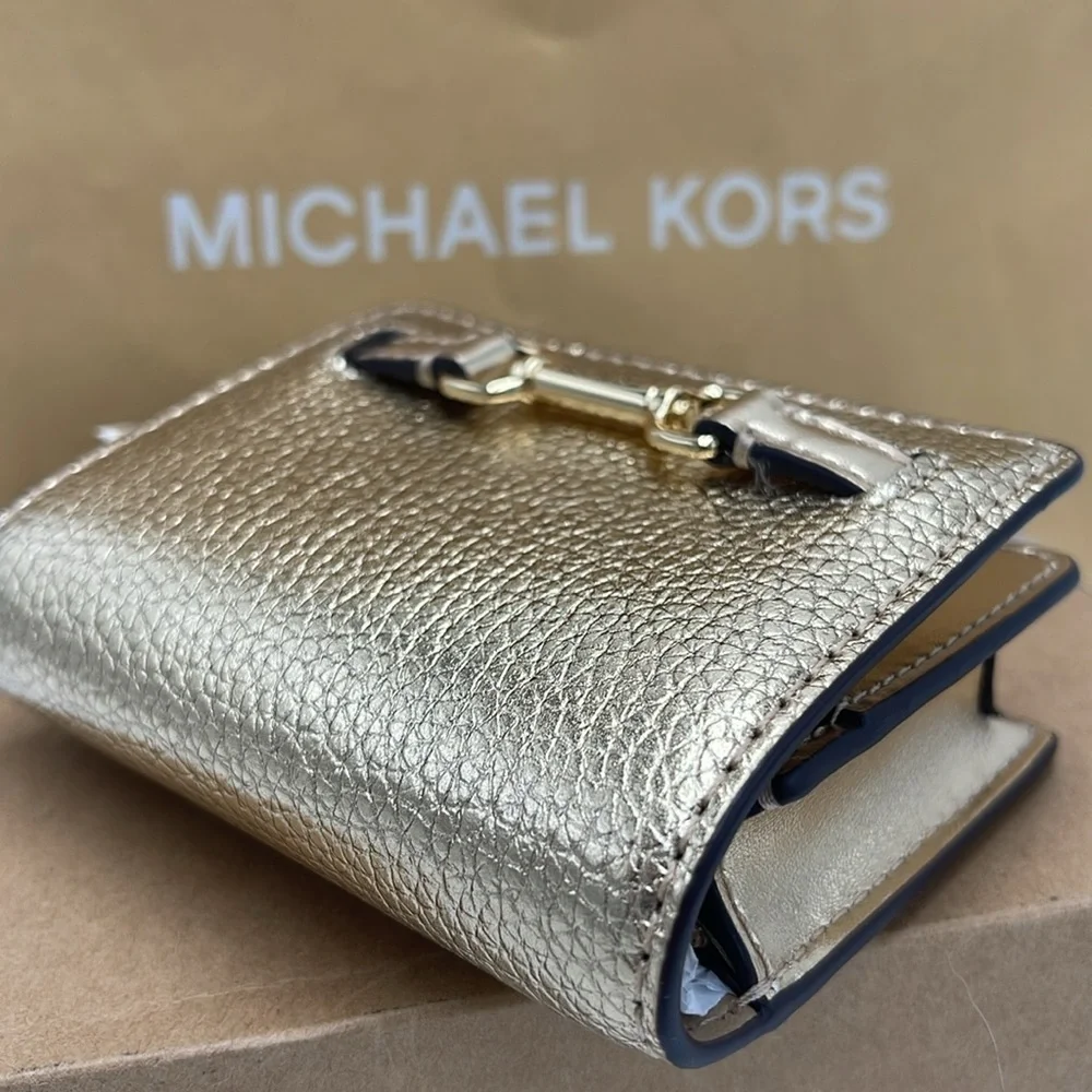 MICHAEL KORS Carson Small Metallic Pebbled Leather Wallet Pale Gold  NWT